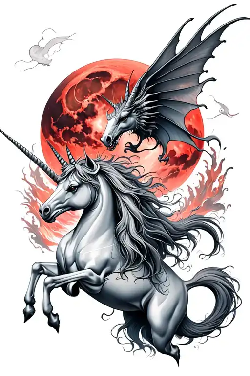 Unicorn Surrounded By Dragon Flying A Red Moon