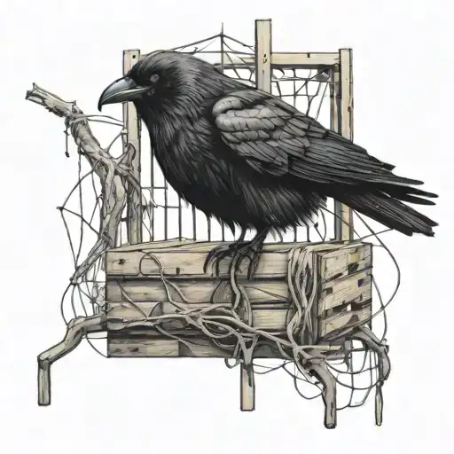 A Crow Perched On A Stack Of Crates With Spiderwebs In The Background