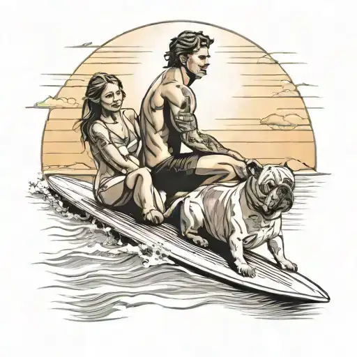 Realistic Depiction Of A Surfer With His Girlfriend And Bulldog On A Beach At Sunset