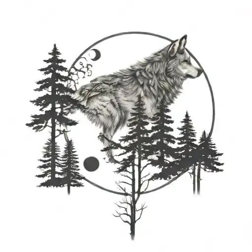 Forest Trees With Wolf And Moon Phases