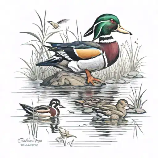 Male Wood Duck And Mallards On Lake