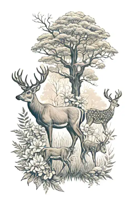 Forest With Deer And Flowers And Animals