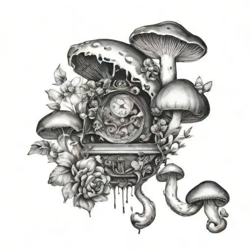 Black And White Chest And Collar Bone Piece Alice In Wonderland Mushrooms And Flowers
