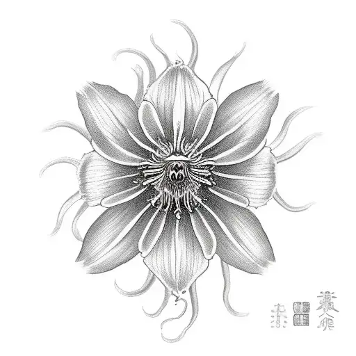 Japanese Gate With A Spider Lilly Flower In The Middle