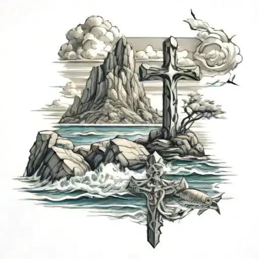 Rugged Cross On The Cliff Ocean Below With Fish