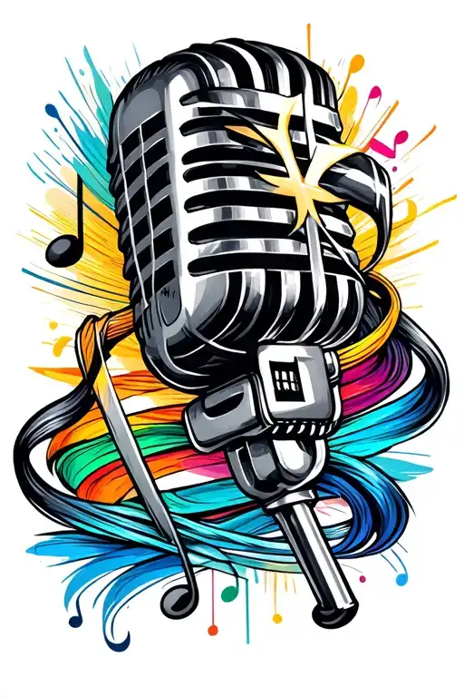 A Detailed Microphone Intertwined With Musical Notes And A Cross Symbolizing Faith