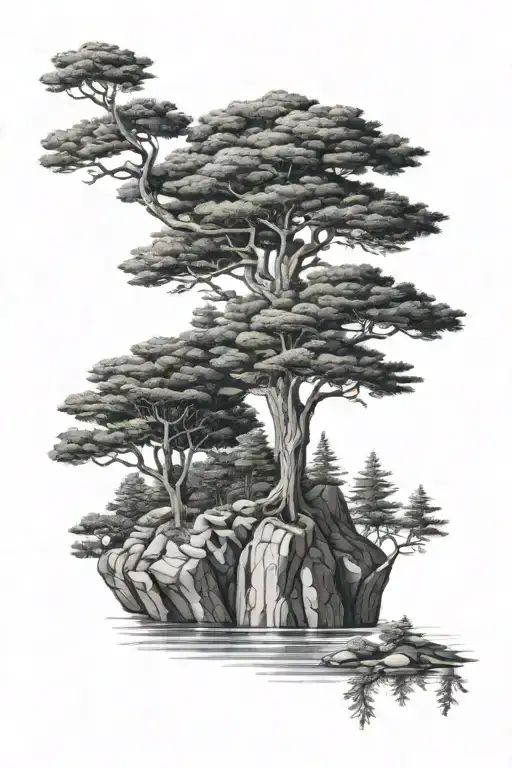 Pine Tree On A Floating Island Black And White