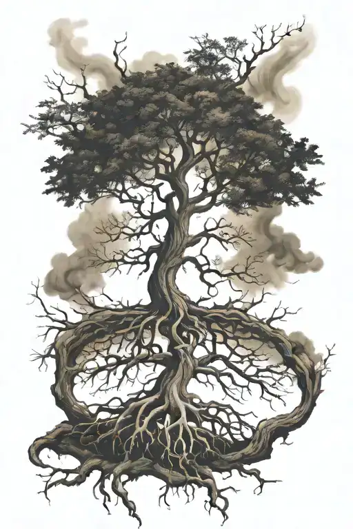 A Tree Of Life With Roots That Extend And At The End Of These Roots A Degradation Of Smoke