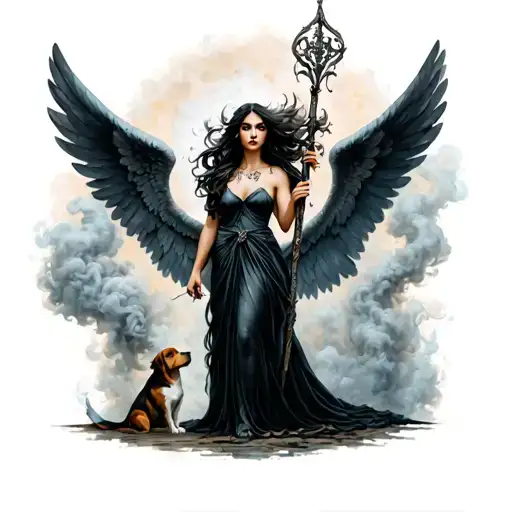 Dark Angel Woman With Wings Holding Staff Intertwined Into Smoke With A Dog Besides
