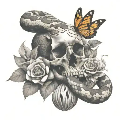 Rattlesnake Around A Skull With A Crown On It And A Butterfly In Background