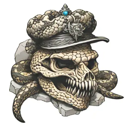 Diamondback Rattlesnake Surrounding A Rock With A Crown On Its Head With A Skull