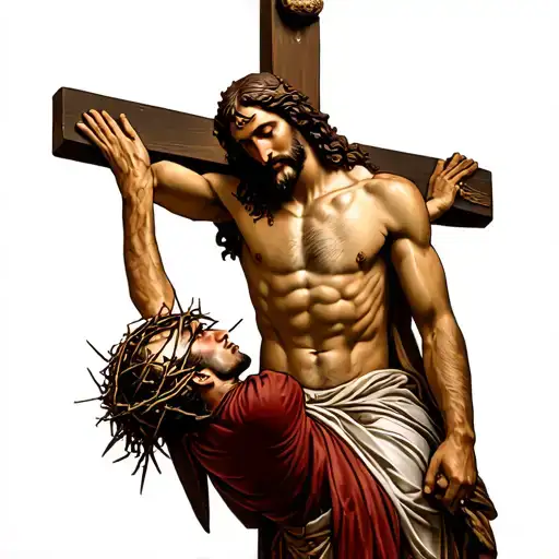 Jesus On Cross With Roman Centurion Kneeling Below Him Picking Up Crown Of Thorns