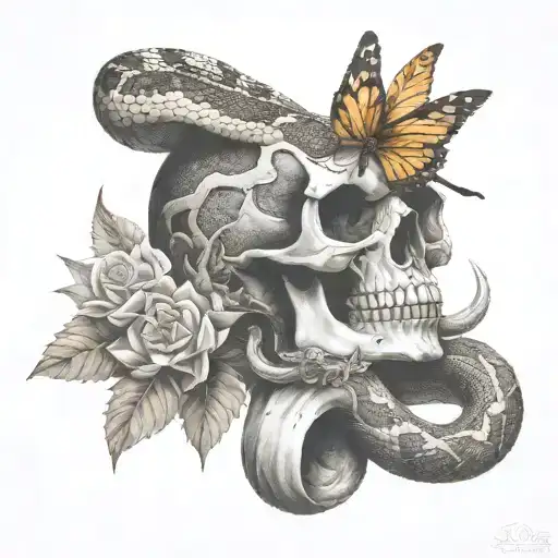 Rattlesnake Around A Skull With A Crown On It And A Butterfly