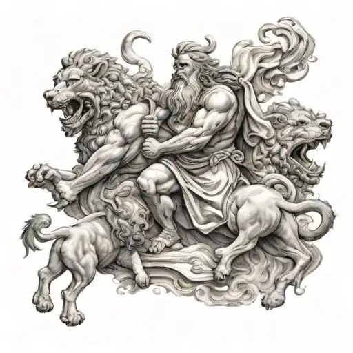 Zeus Fighting Off Hades And Cerberus While Protecting A Family Of 4 With 2 Kids