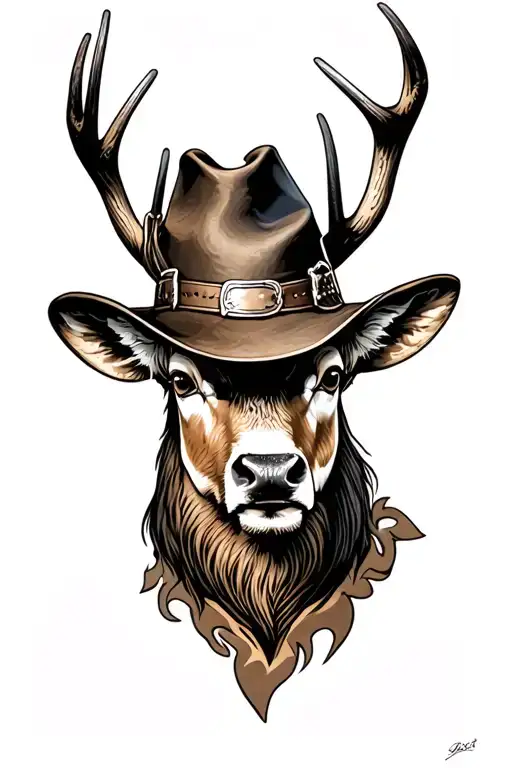 A Tattoo Of A Buck's Head With Arthur Morgan's Gamblers Cowboy Hat On Its Head