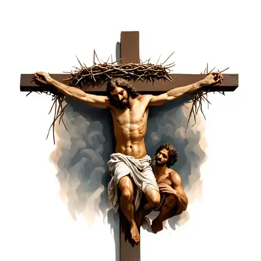 Jesus On Cross With Longinus Kneeling Underneath Picking Up Crown Of Thorns