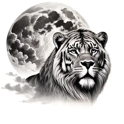 Full Moon Tattoo With A Storm Built In With A Lion And Tiger