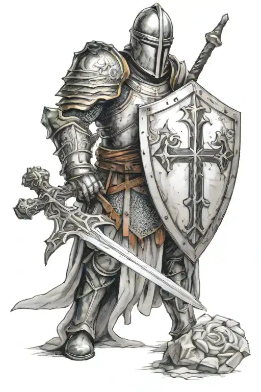 Crusader Knight Praying With A Big Sword On His Hilt And A Cross On His Shield And Armor