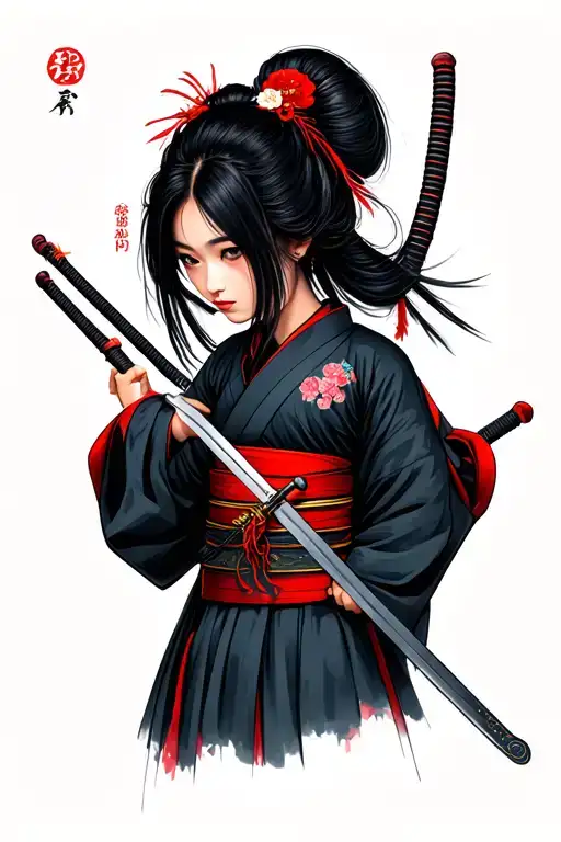 Japanese Girl Wearing Kimono With Katana Swords Drawn