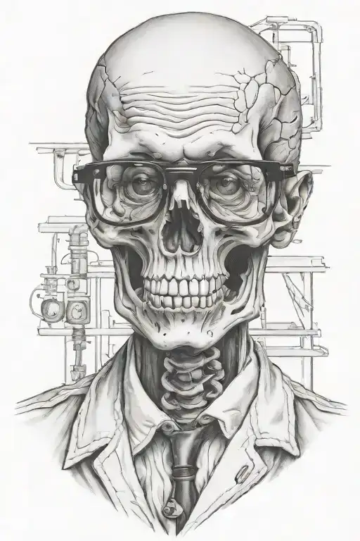 Detailed Microrealism Tattoo Of A Skeleton With Rectangular Glasses And A Lab Coat Facing Forward