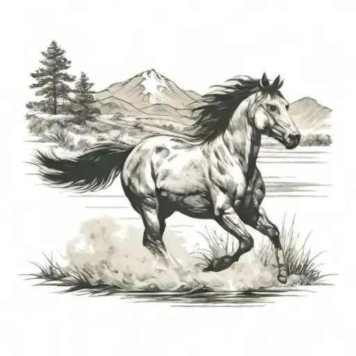 Wild Stallion Running Through A Field With A River And Mountains In The Background