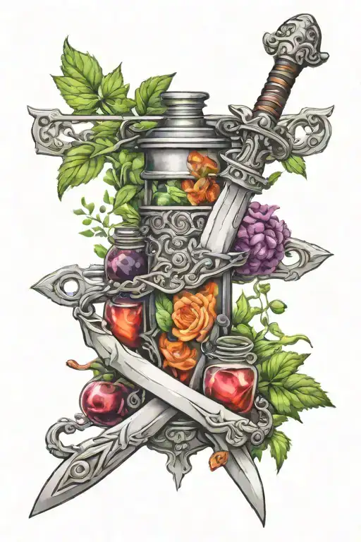 Sword With Herbs And Potions Bottle