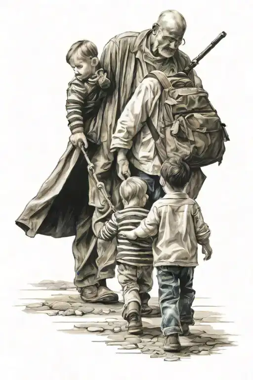 Father And Two Young Son Walking