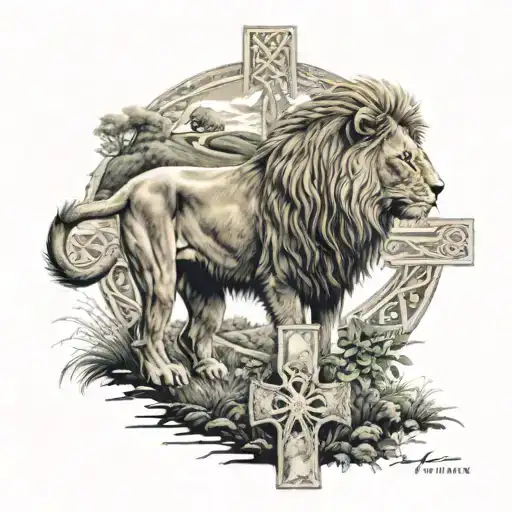 A Realistic Scene Of The Irish Countryside With A Lion And A Celtic Cross As Prominent Elements