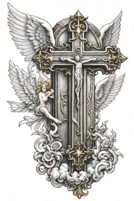 Christian Cross Surronded By Angels With Heaven Gates Above It