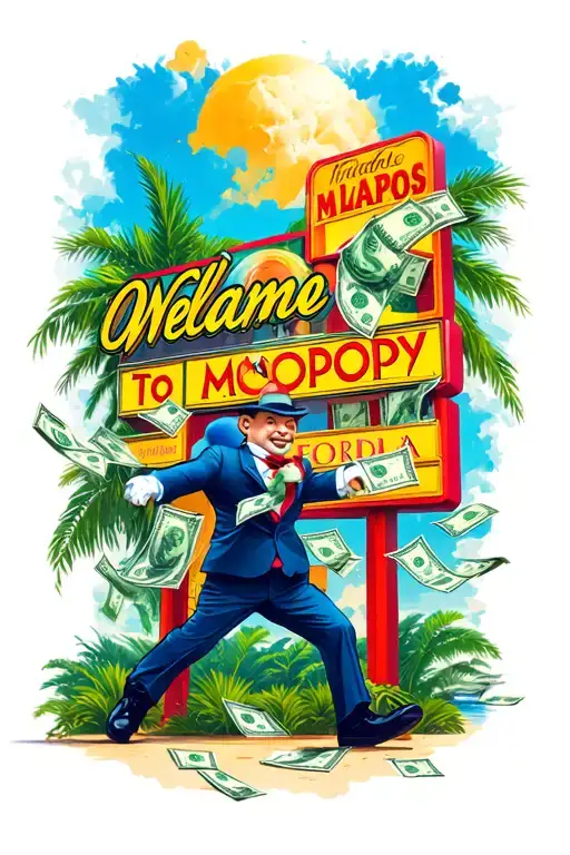 Orlando With The Welcome To Florida Sign And The Monopoly Man Chasing Money In The Background