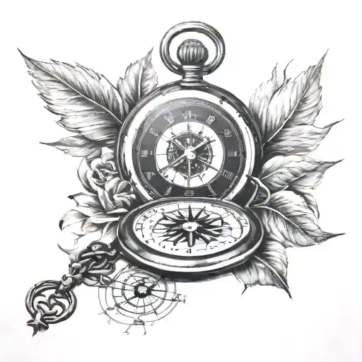 Black And Gray Pocket Watch And Compass Rose Shoulder