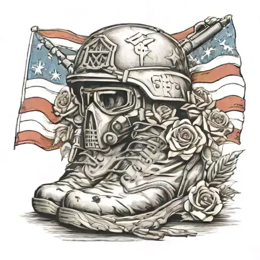 American Soldier Cross Boots Helmet Dog Tags Rifle Flag Roses Rest In Peace