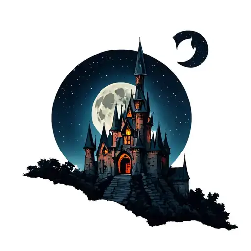 Gothic Castle With Night Sky With Moon Surrounded