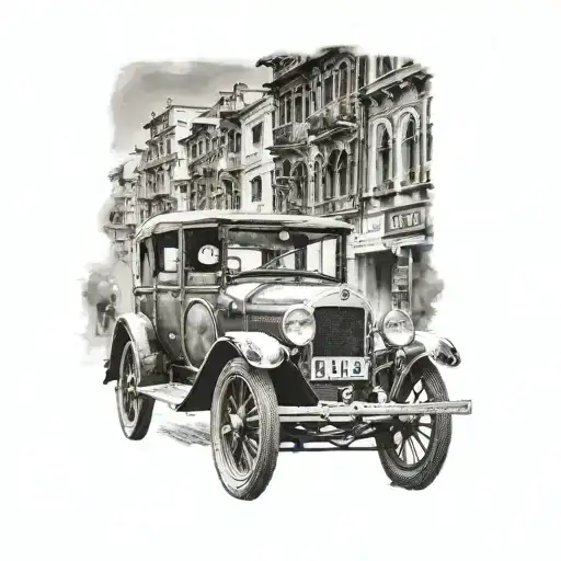 A Realistic Tattoo Of A Vintage Car Driving Through The Streets Of Amritsar