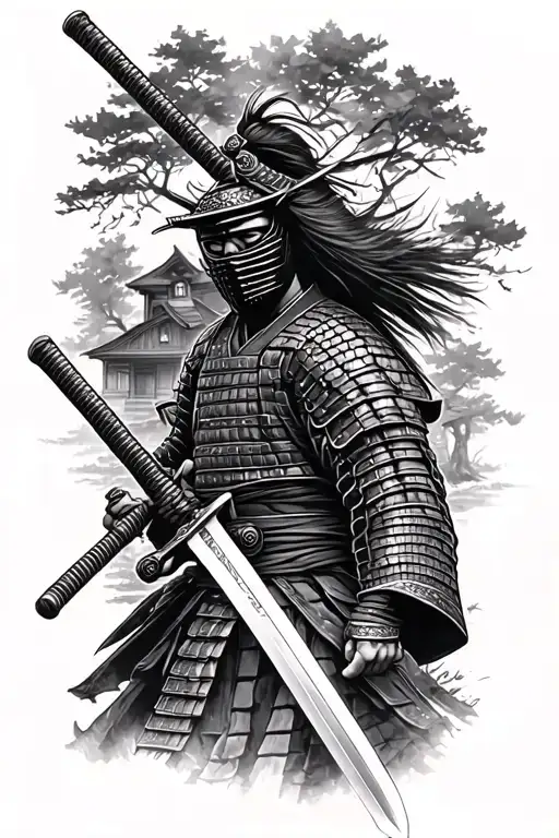 Samurai With Katana In Mask Black And White Tattoo Sketch Simple Add Some Trees And House