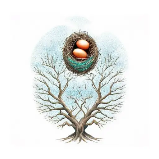 Tree With Mother Bird And Father Bird With A Nest That Has Two Eggs In It