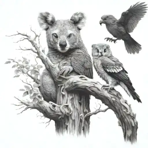 Dragon Totem With Koala And Crow On A Tree With A Fox In The Background