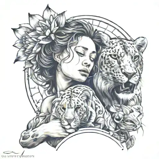 A Woman Hugging A Lioness With Lotus And Also Sun And Moon On Top