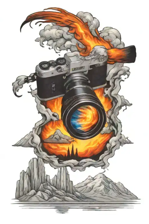 View Though Camera Lens While Mountains Rising Phoenix From Fire Sunrise