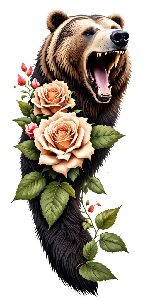 Growling Bear Head Roses Blooming Forest Landscape