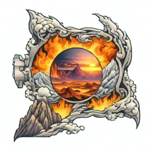 View Though Camera Lens While Mountains Rising Phoenix From Fire Sunrise