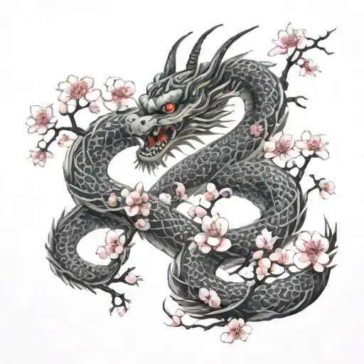 A Traditional Japanese Dragon Coiled Around A Cherry Blossom Tree