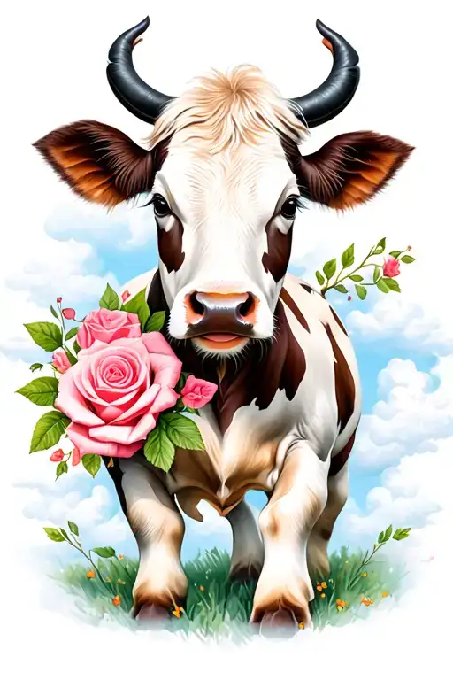 Cute Baby Hyland Cow And Roses And Clouds