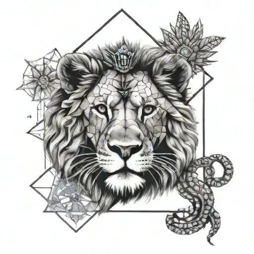 A Lion And Balance Symbol Portrayed In A Dotwork Geometric Design With Police Elements