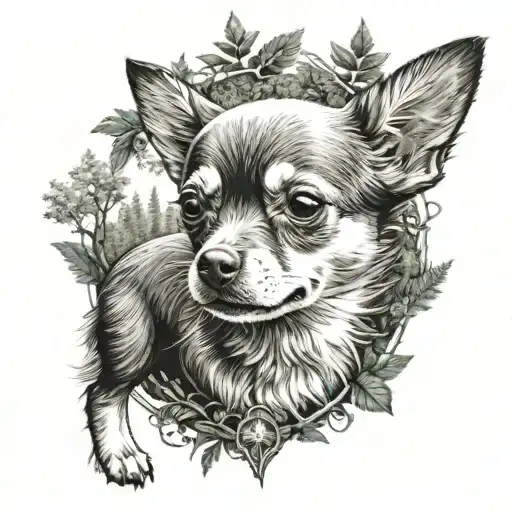A Realistic Portrait Of Little Bear The Chihuahua Surrounded By A Lush Forest Scene