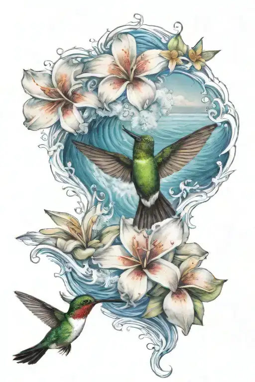 Realistic Waves Crashing On A St Lucia Beach With A Hummingbird Perched On A Frangipani Flower