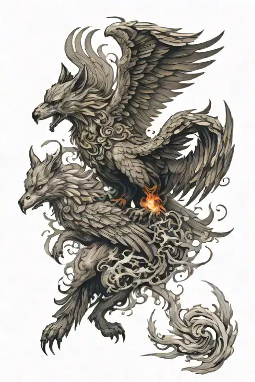 Phoenix Rising From The Ashes Fighting A Wolf Surrounded