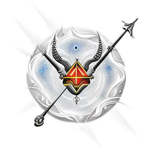 A Traditional Style Tattoo Of Sagittarius And Aries Symbols Surrounded By Flames