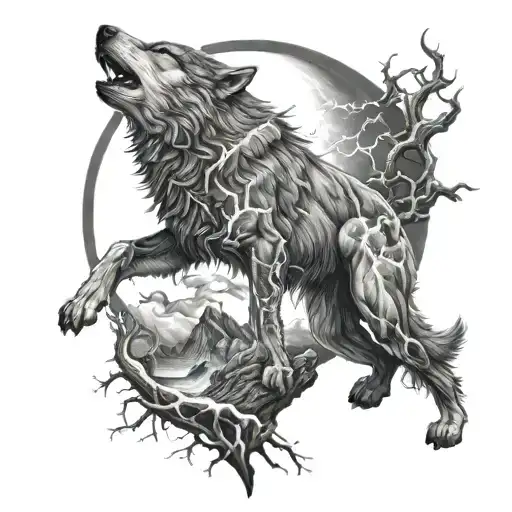 Guardian Of Strength With Lightning With Wolf Howling At Night