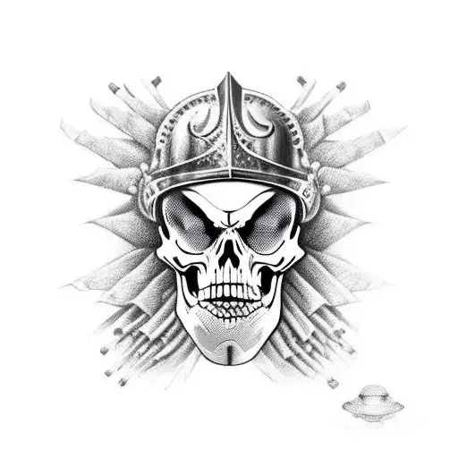 Skeleton In Knights Helmet On Skeleton Horse Surrounded By Burning Skulls